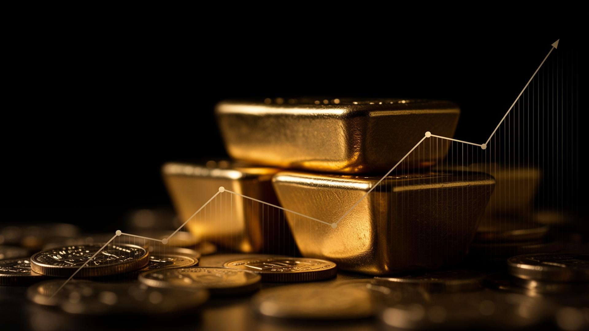 Gold bullion and ascending performance graph
